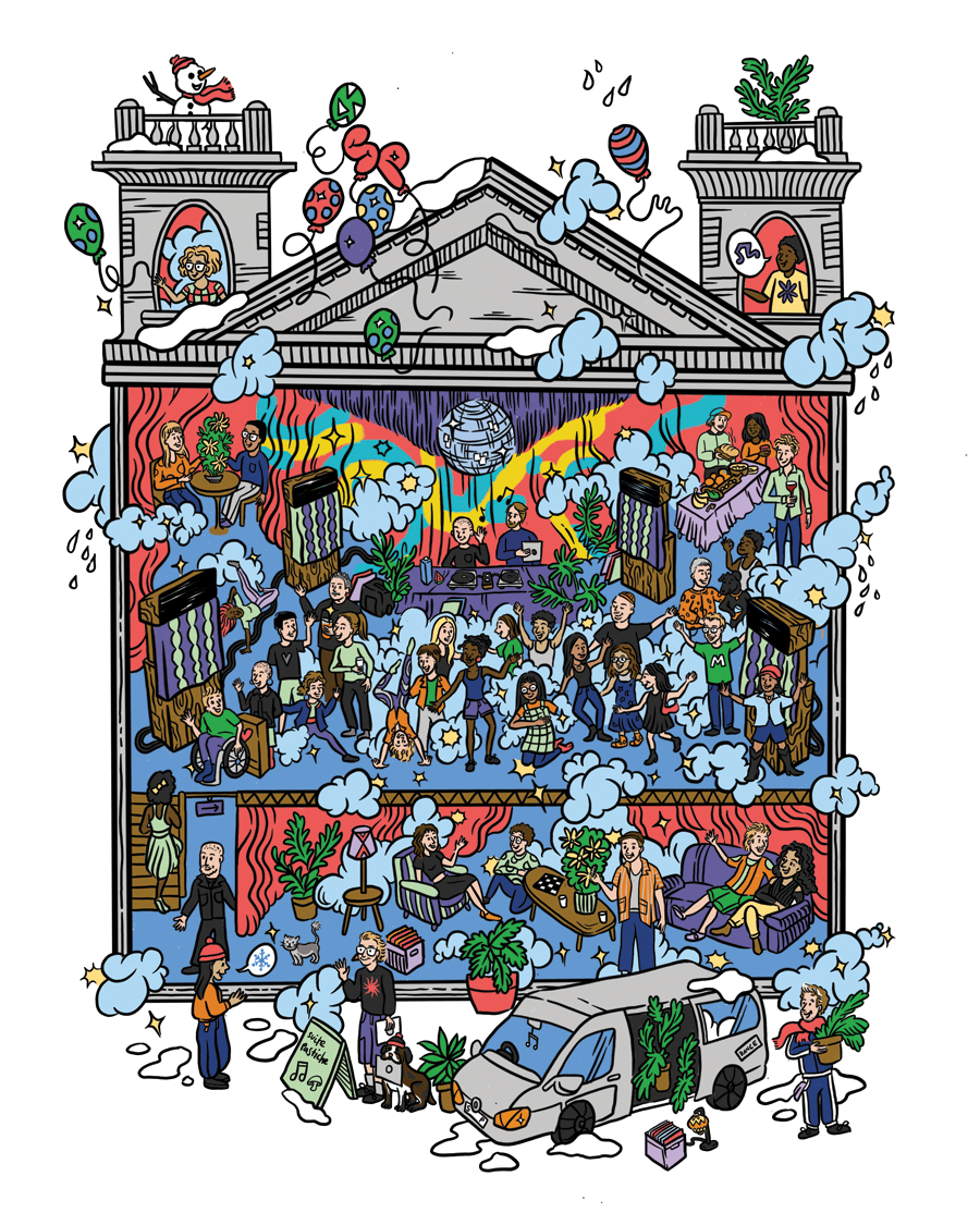 A dance party scene illustrated in cartoon style
